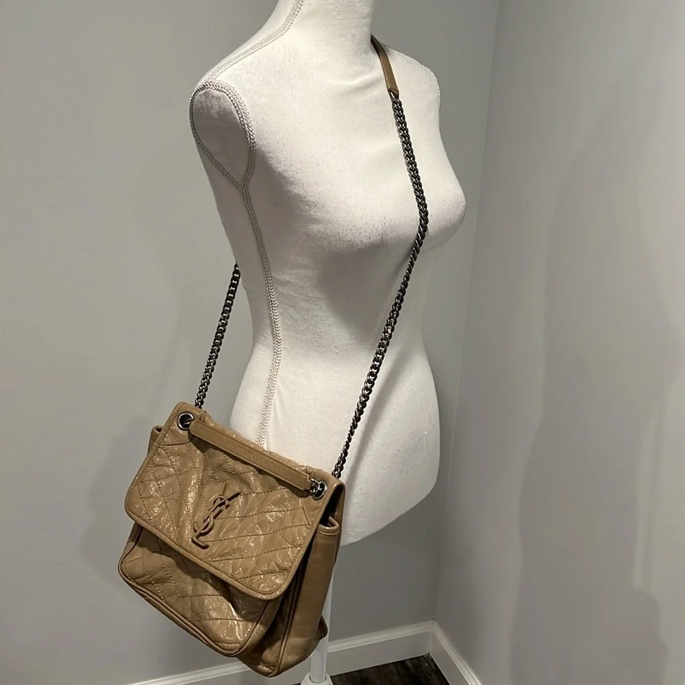 YSL Saint Laurent NIKI Medium Chain Flap Bag Matelasse Neutral Leather Handbag - Picture 7 of 16